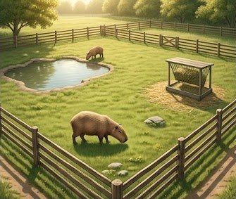 Capybara grazing in a large fenced outdoor enclosure with a pond