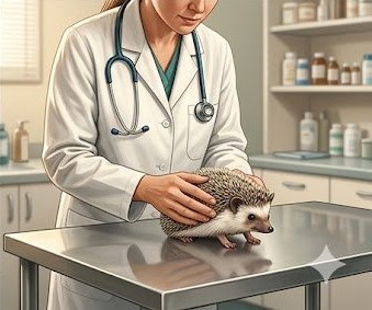 Exotic animal veterinarian examining a hedgehog on a clinical examination table
