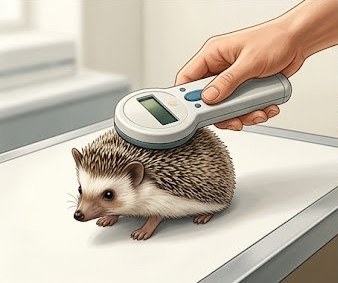 Microchip scanner held over a hedgehog for exotic pet permit compliance verification