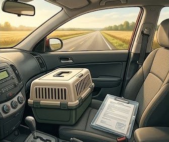 Pet carrier and health certificate documents on a car seat for interstate exotic pet travel
