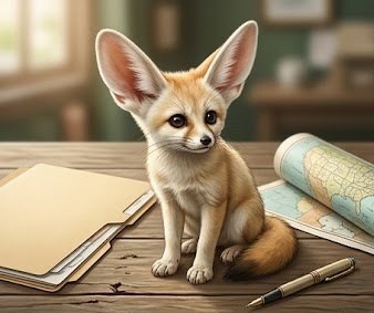 Fennec fox sitting on a desk next to a rolled state map and permit documents