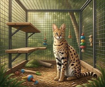 Serval cat inside a state-permitted wire enclosure with enrichment items